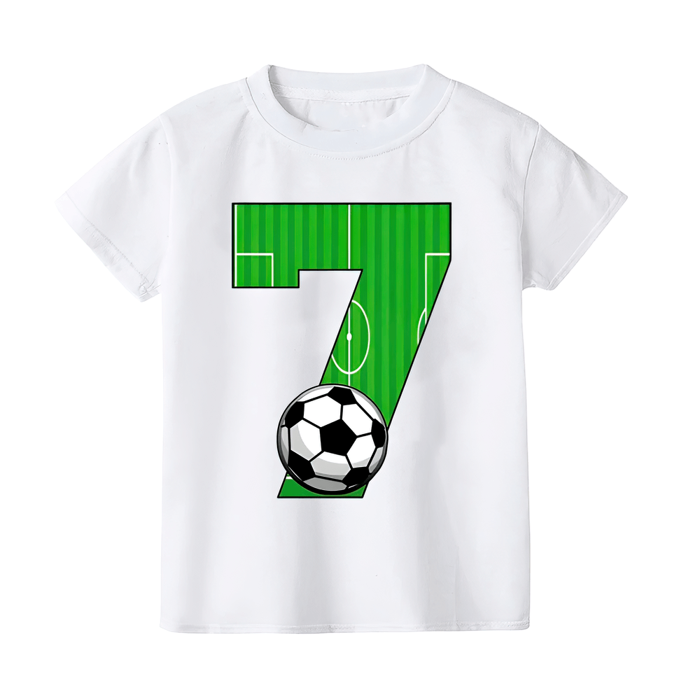 Kids Soccer Print Tee - White Short-Sleeved Shirt with Number 7 and Ball Graphic - Perfect for Summer Sports and Outdoor Play